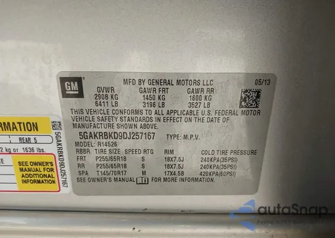 2013 Buick Enclave Convenience z USA, uszkodzony, nr VIN 5GAKRBKD9DJ257167